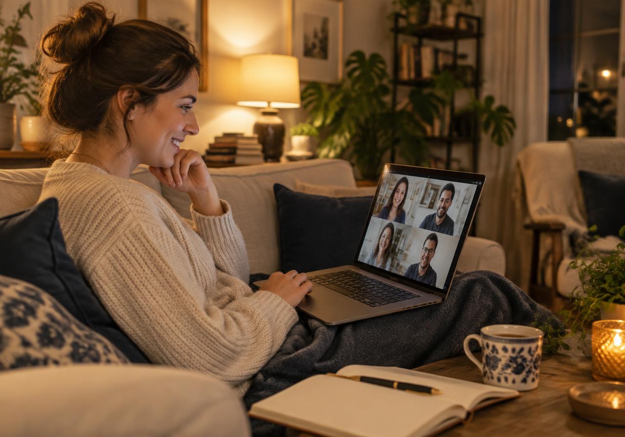 A reader at home on an evening video circle