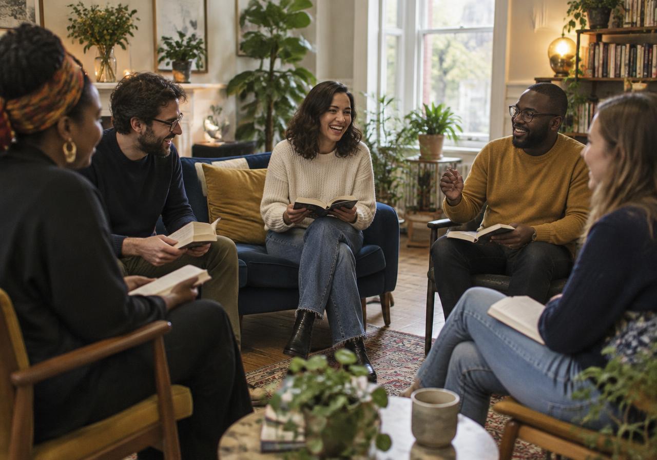 A small book club sitting in a circle, mid-conversation