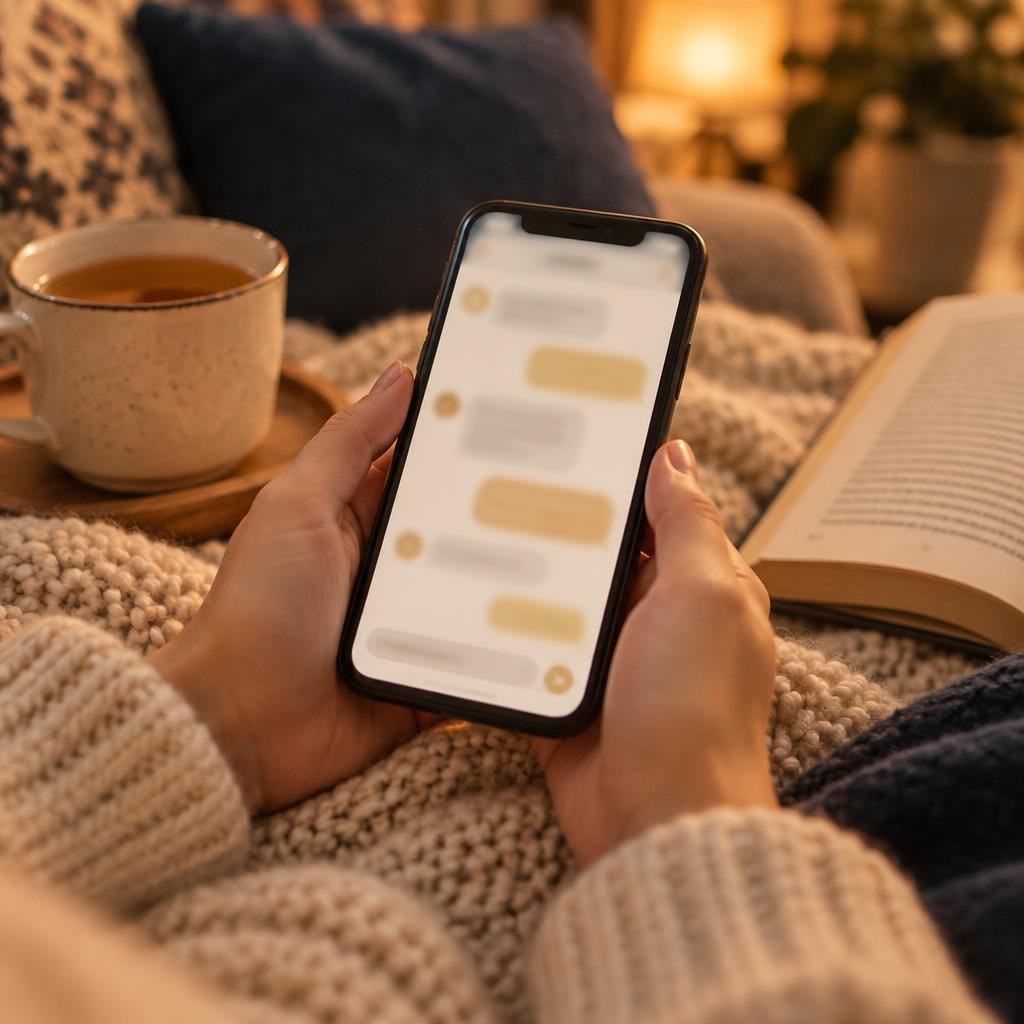 A phone resting on a blanket with a conversation open